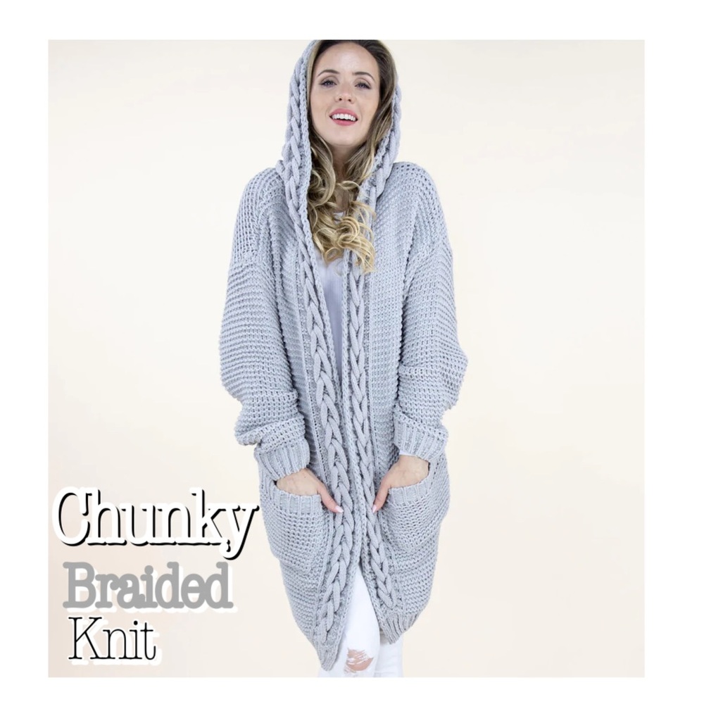Chunky Knit Braided Open Cardigan Sweater - Picture 2 of 8